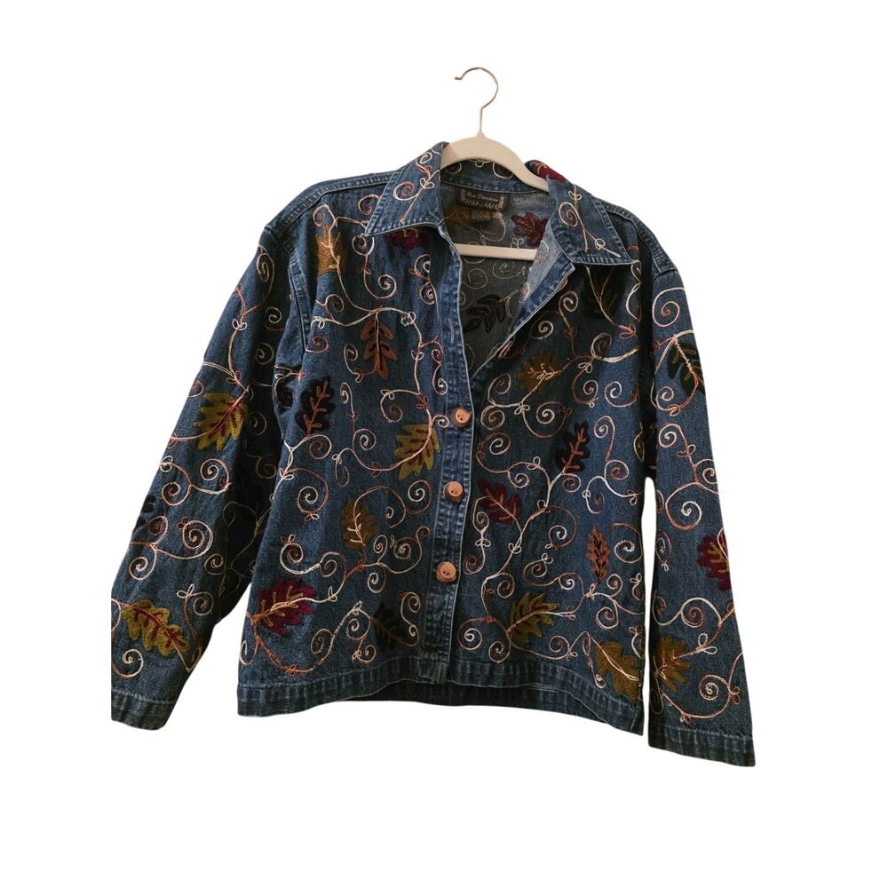 Vintage New Direction Women Embroidered Denim Jacket Blue Floral Fall Leaf S